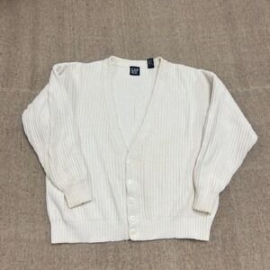 Vintage Gap‎ Cardigan Sweater Mens XL Whiet 1990s Ribbed